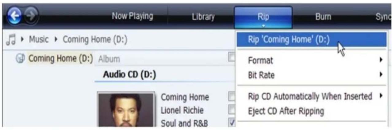 Now Playing Library Rip Burn Sync Music Coming Home (D:) Coming Home (D:) Album Audio CD (D:) Coming Home Lionel Richie Soul and R&B Rip 'Coming Home' (D:) Format Bit Rate Rip CD Automatically When Inserted Eject CD After Ripping