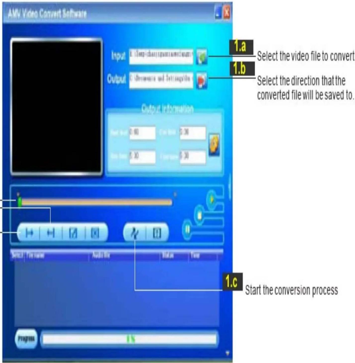 AMV Video Convert Software Input: 0.165-0.245 Output: 0.245 Output Information Select the video file to convert Select the direction that the converted file will be saved to. Start the conversion process