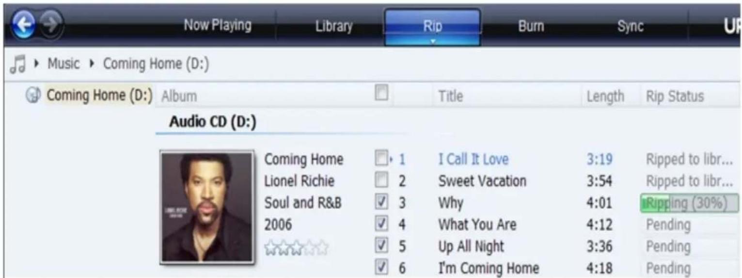 Now Playing Library Rip Burn Sync Music Coming Home (D:) Coming Home (D:) Album Audio CD (D:) Coming Home Lionel Richie Soul and R&B 2006 ★★★★★ 1 2 3 4 5 6 Title I Call It Love Sweet Vacation Why What You Are Up All Night I'm Coming Home Length 3:19 3:54 4:01 4:12 3:36 4:18 Ripped to libr... Ripped to libr... Ripping (30%)