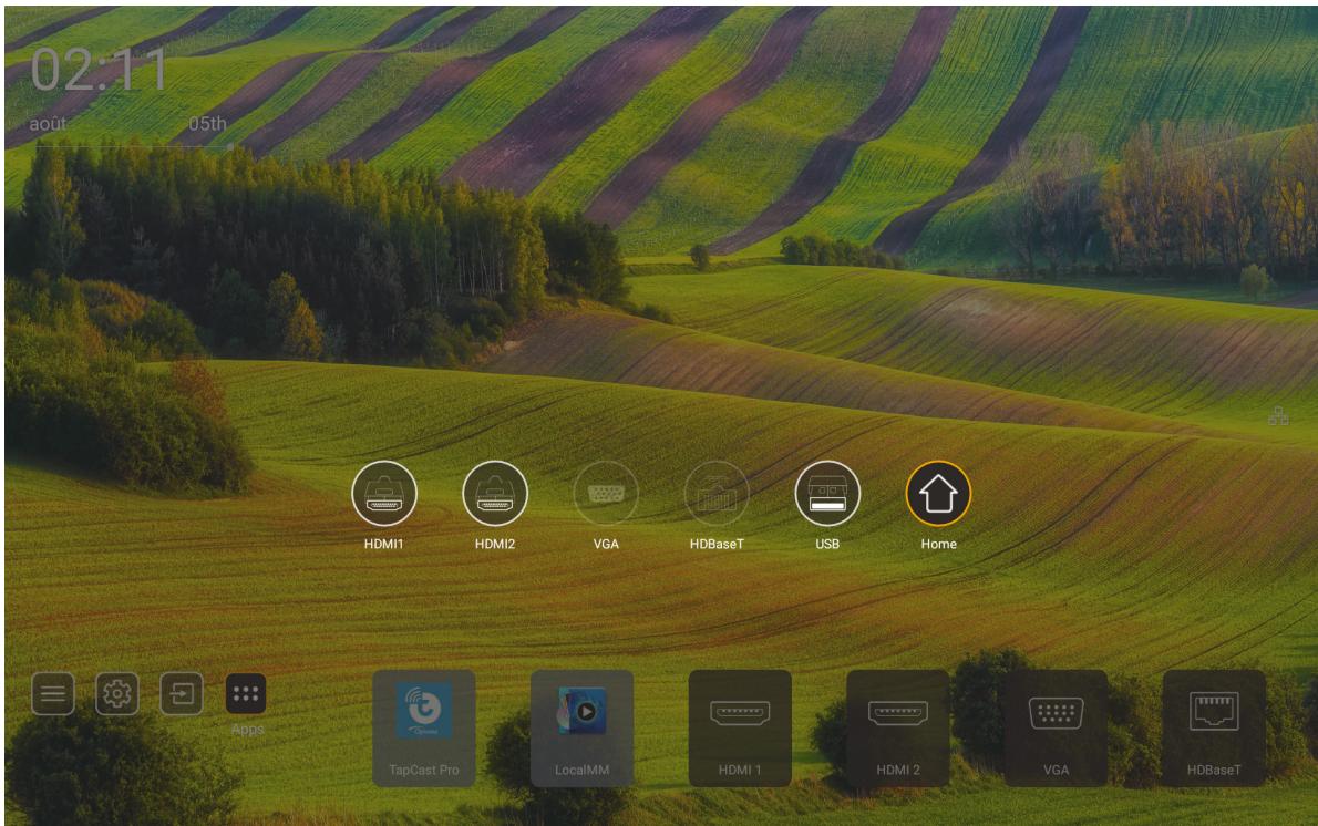 02:11 août 05th HDMI1 HDMI2 VGA HDBaseT USB Home Apps TapCast Pro LocalMM HDMI 1 HDMI 2 VGA HDBaseT