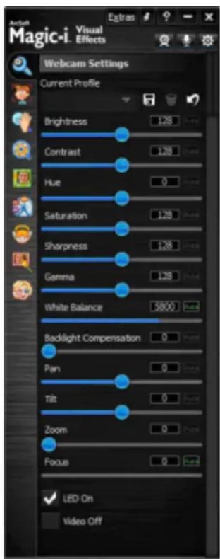 Magic-i Visual Effects Extras Webcam Settings Current Profile Brightness 128 Contrast 128 Hue 0 Saturation 128 Sharpness 128 Gamma 128 White Balance 5800 Backlight Compensation 0 Pan 0 Tilt 0 Zoom 0 Focus 0 LED On Video Off