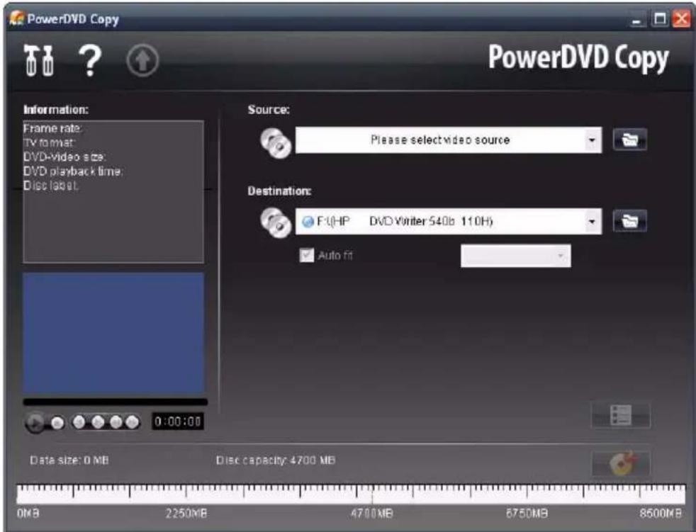 PowerDVD Copy PowerDVD Copy Information: Frame rate: TV format DVD-video size: DVD playback time: Disc label. Source: Please select video source Destination: F:\HP DVD\Writer 540b 110H\ Auto fit Data size: 0 MB Disc capacity: 4700 MB 0MB 2250MB 4700MB 6750MB 8500MB