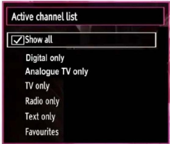 Active channel list ✓Show all Digital only Analogue TV only TV only Radio only Text only Favourites