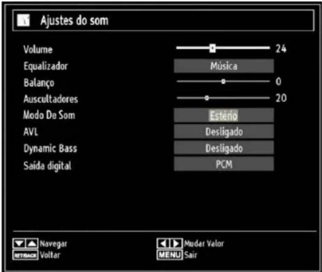 Ajustes do som Volume 24 Equalizador Música Balanço 0 Auscultadores 20 Modo Do Som Esteño AVL Desligado Dynamic Bass Desligado Saída digital PCM Navegar Volkter Muder Valor MENU Sair