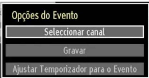 Opções do Evento Seleccionar canal Gravar Ajustar Temporizador para o Evento