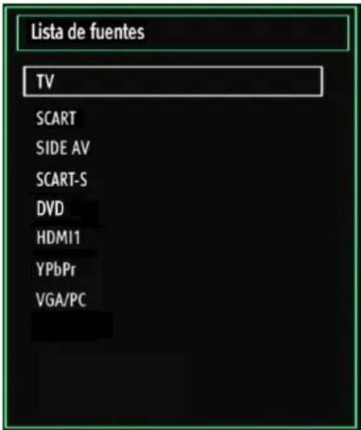 Lista de fuentes TV SCART SIDE AV SCART-S DVD HDMI1 YPbPr VGA/PC