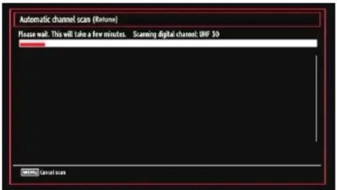 Automatic channel scan (Return) Please wait: This will take a few minutes. Scanning digital channel: UHF 30 METHU Cancel scan