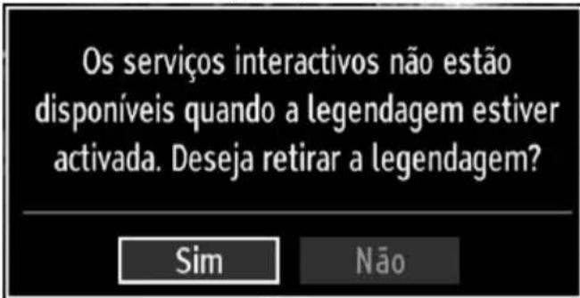 Os serviços interactivos não estão disponíveis quando a legendagem estiver activada. Deseja retirar a legendagem? Sim Não