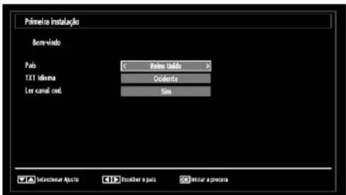 Primeira instalação Bem-vindo País < Primo Unido > TXT Idierna Occidente Ler canal cod. Sim Selecteirar Ajusto Escolher a pais Iniciar a procura
