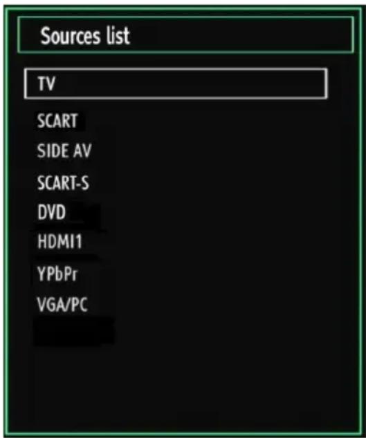 Sources list TV SCART SIDE AV SCART-S DVD HDMI1 YPbPr VGA/PC