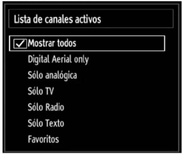Lista de canales activos ✓ Mostrar todos Digital Aerial only Sólo analógica Sólo TV Sólo Radio Sólo Texto Favoritos