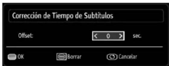 Corrección de Tiempo de Subtítulos Offset: < 0 > sec. OK Borrar Cancelar