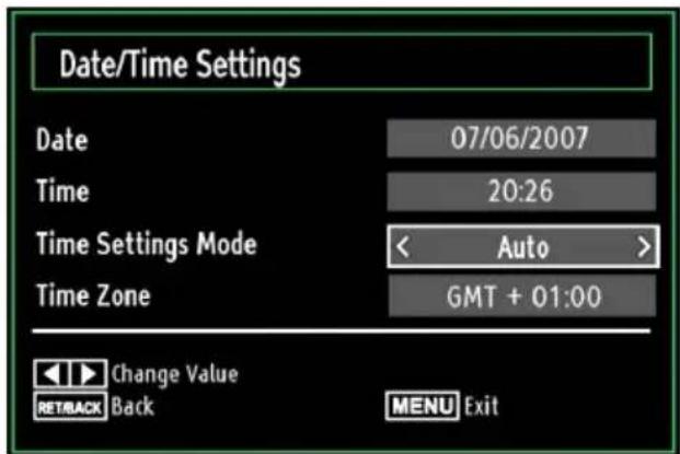 Date/Time Settings Date 07/06/2007 Time 20:26 Time Settings Mode < Auto > Time Zone GMT + 01:00 Change Value REBACK Back MENU Exit