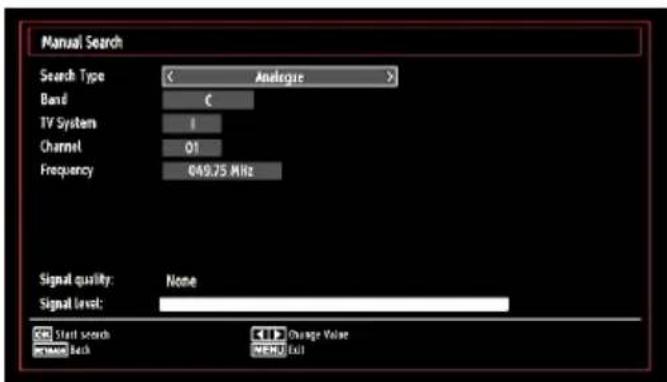 Manual Search Search Type: < Analogie > Band C TV System I Channel Q1 Frequency 049.75 MHz Signal quality: None Signal level: Start search Change Value Masc Back MBD Full