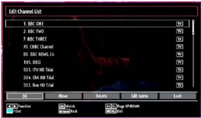 Edit Channel List 1. BBC ONE 2. BBC TWO 7. BBC THREE 70. CBBC Channel 80. BBC NEWS 24 105. BBQ 503. ITV HD Trial 504. CBA HD Trial 505. live HD Trial OK Move Delete Edit name Lock Function Cancel Watch Page UP/80%N Filter Change Back MON/Exit