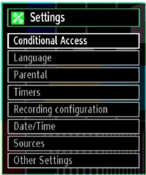 Settings Conditional Access Language Parental Timers Recording configuration Date/Time Sources Other Settings