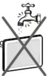 Safety warning symbol showing a faucet above a tablet screen with crossed-out lines indicating prohibition or exclusion.