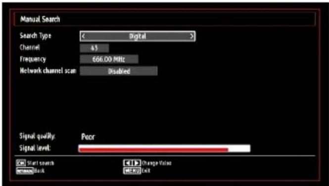 Manual Search Search Type: < Digital > Channel 45 Frequency 666.00 MHz Network channel scan Disabled Signal quality: Poor Signal level: Start search Change Value Back M2100 Talk