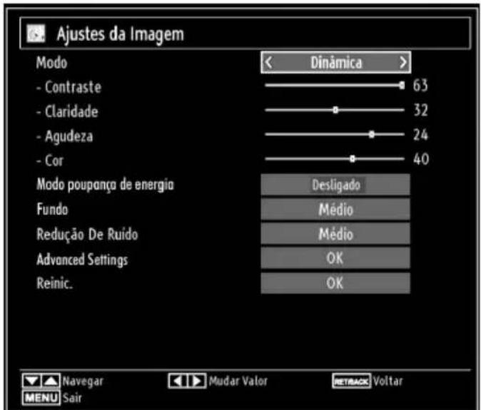 Ajustes da Imagem Modo - Contraste - Claridade - Agudeza - Cor Modo poupança de energia Fundo Redução De Ruido Advanced Settings Reinic. < Dinâmica > 63 32 24 40 Desligado Médio Médio OK OK