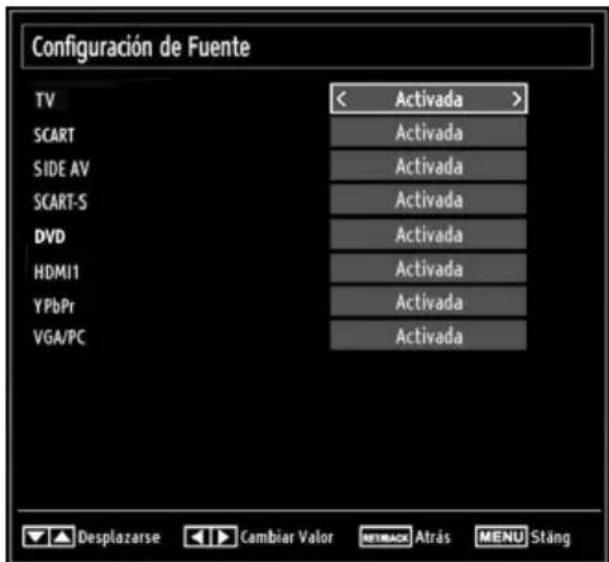 Configuración de Fuente TV < Activada > SCART Activada SIDE AV Activada SCART-S Activada DVD Activada HDMI1 Activada YPbPr Activada VGA/PC Activada Desplazarse Cambiar Valor REBACK Atrás MENU Stäng
