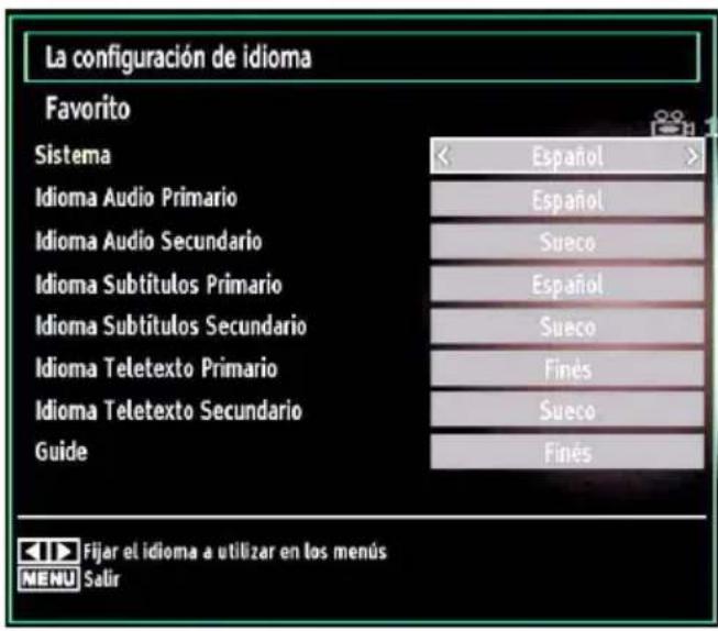 La configuración de idioma Favorite Sistema Espanol Idioma Audio Primario Espanol Idioma Audio Secundario Sueco Idioma Subtitulos Primario Espanol Idioma Subtitulos Secundario Sueco Idioma Teletexto Primario Finés Idioma Teletexto Secundario Sueco Guide Finés Fijar el idioma a utilizar en los menús MENU Salir