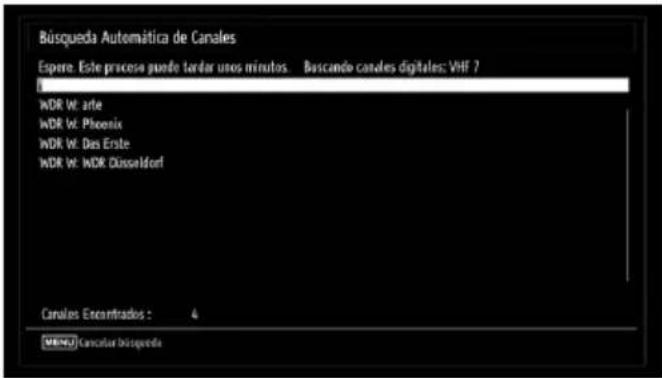 Búsqueda Automática de Canales Espere: Este proceso puede tardar unos minutos. Buscando canales digitales; VHF 7 WDR W: arte WDR W: Phoenix WDR W: Des Erste WDR W: WDR Düsseldorf Canales Encantrados : 4 MENU Cancelar búsqueda