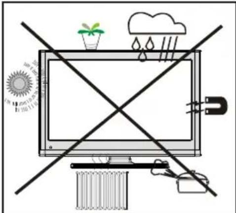 Safety warning illustration showing crossed-out screens with icons for sun, rain, and household appliances