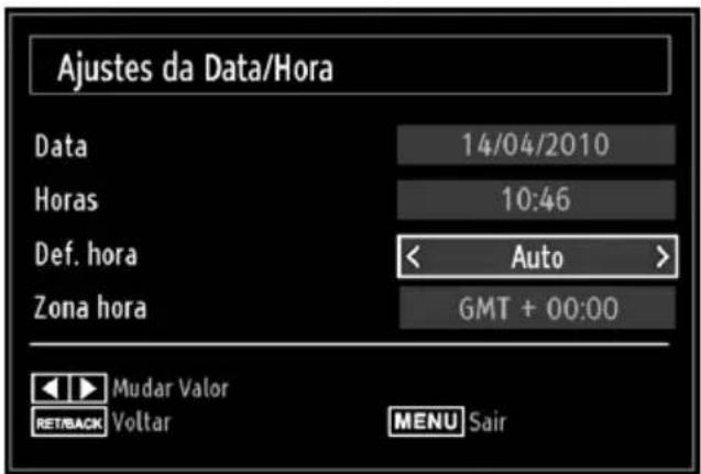 Ajustes da Data/Hora Data 14/04/2010 Horas 10:46 Def. hora < Auto > Zona hora GMT + 00:00 Mudar Valor RET/BACK Voltar MENU Sair