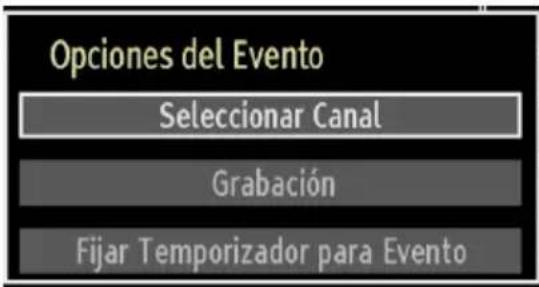 Opciones del Evento Seleccionar Canal Grabación Fijar Temporizador para Evento