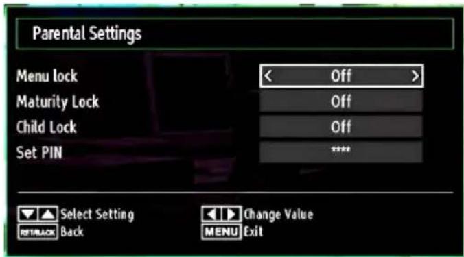 Parental Settings Menu lock << Off > Maturity Lock Off Child Lock Off Set PIN **** Select Setting Change Value Back MENU Exit