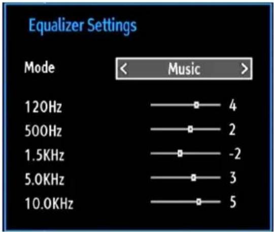 Equalizer Settings Mode < Music > 120Hz —— □ 4 500Hz —— □ 2 1.5KHz —— □ -2 5.0KHz —— □ 3 10.0KHz —— □ 5