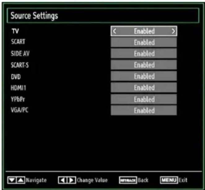 Source Settings TV SCART SIDE AV SCART-S DVD HDMI1 YPbPr VGA/PC Enabled Enabled Enabled Enabled Enabled Enabled Enabled Navigate Change Value NetBACK Back MENU Exit
