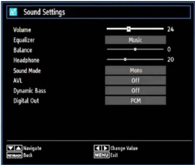 Sound Settings Volume 24 Equalizer Music Balance 0 Headphone 20 Sound Mode Mono AVL Off Dynamic Bass Off Digital Out PCM Navigate RETRACK Back Change Value MENU Exit