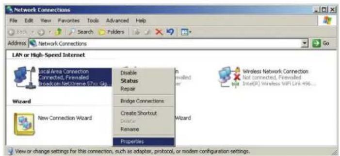 Network Connections File Edit View Favorites Tools Advanced Help Back Search Folders Address Network Connections LAN or High-Speed Internet Local Area Connection Connected, Firewallled Broadcom NeVitreme 57v3.6g Disable Status Repair Bridge Connections Create Shortcut Rename Properties Wizard New Connection Wizard View or change settings for this connection, such as adapter, protocol, or modem configuration settings. W wireless Network Connection Not connected, Firewallled Intel(P) Wireless WiFi Link 496... Wizard
