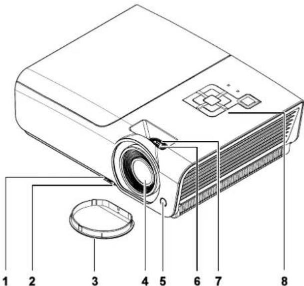 Diagram of a projector with numbered parts labeled 1 through 8, showing internal components and part structure.