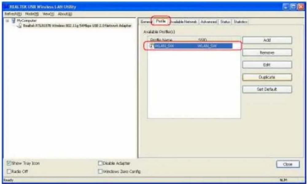 REALTEK USB Wireless LAN Utility Refresh(E) Node(S) View(C) About(B) MyComputer Realtek RTL01078 Windows 802.11g 54Mbps USB 2.0Fetwork Adapter General Profile Available Network Advanced Status Statistics Available Profile(s) Profile Name SVD WLAN_SW WLAN_SW Add Remove Edit Duplicate Set Default Show…