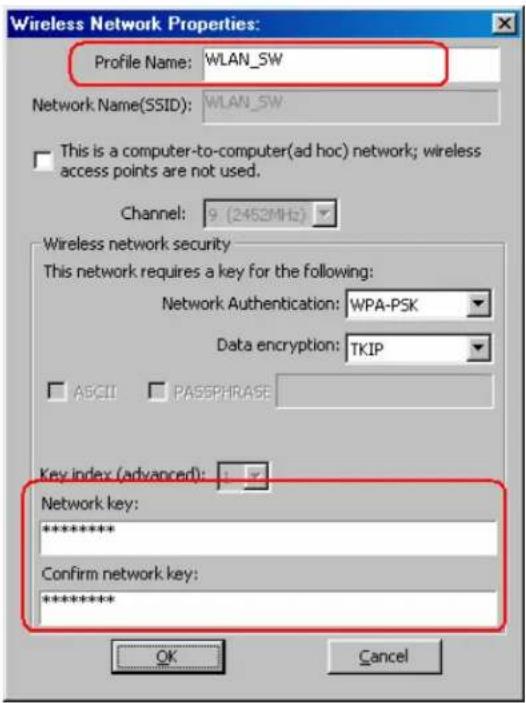 Wireless Network Properties: Profile Name: WLAN_SW Network Name(SSID): WLAN_SW This is a computer-to-computer(ad hoc) network; wireless access points are not used. Channel: 9 (2452MHz) Wireless network security This network requires a key for the following: Network Authentication: WPA-PSK Data encry…
