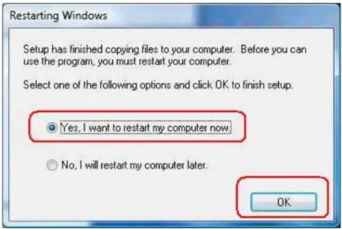Restarting Windows Setup has finished copying files to your computer. Before you can use the program, you must restart your computer. Select one of the following options and click OK to finish setup. Yes, I want to restart my computer now No, I will restart my computer later. OK