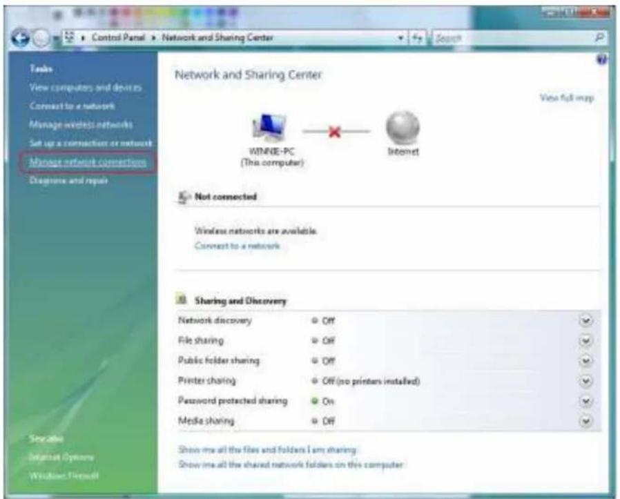 Control Panel Network and Sharing Center Search Tasks View computers and devices Connect to a network Manage wireless networks Set up a connection or network Manage network connections Diagnose and repair Network and Sharing Center View full map WINNE-PC (This computer) Internet Not connected Wirele…