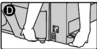 Illustration of hands pressing down on a device with a door and battery (no text or symbols).