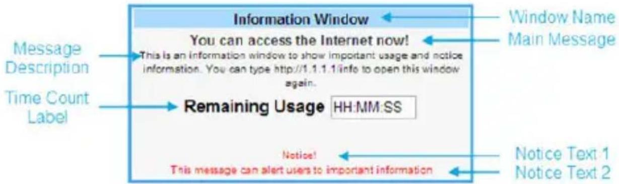 graph TD A["Information Window"] --> B["You can access the Internet now!"] B --> C["This is an information window to show important usage and notice information. You can type http://1.1.1.info to open this window again."] C --> D["Remaining Usage HH:MM:SS"] D --> E["Notice! This message can alert us…