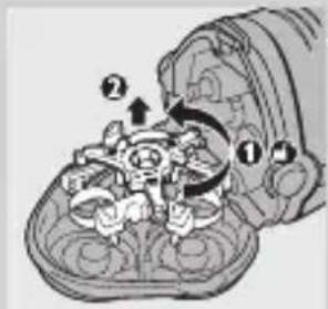 Diagram of a mechanical device with numbered components and directional arrows indicating motion or flow