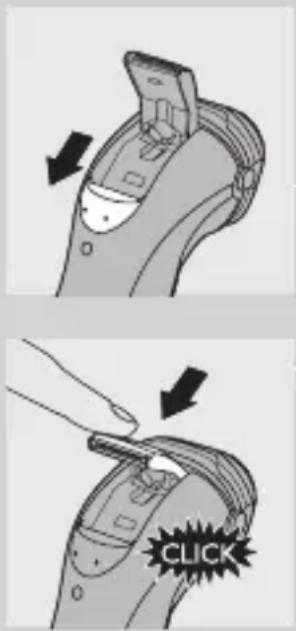 Diagram illustrating a device grip with directional arrows and a 'CLICK' button, likely indicating action or control instructions.