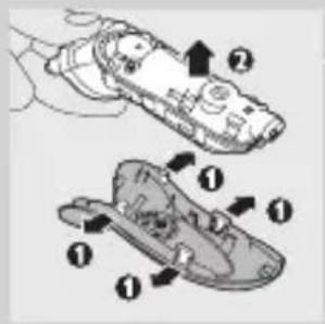 Diagram illustrating a mechanical assembly with numbered components, showing hand and side views of a device.