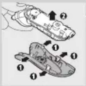 Diagram illustrating a mechanical assembly with numbered components and directional arrows indicating motion or force.