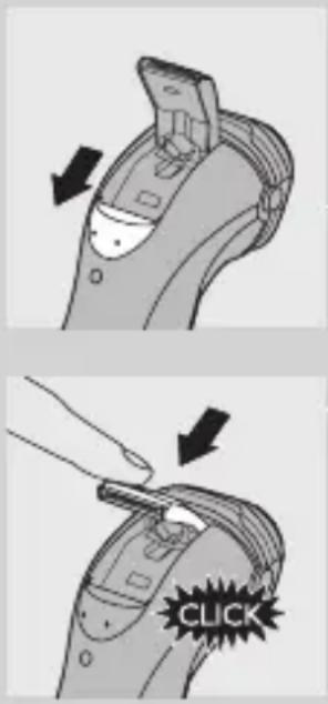 Diagram illustrating a device grip with directional arrows and a 'CLICK' button, likely indicating action or control instructions.