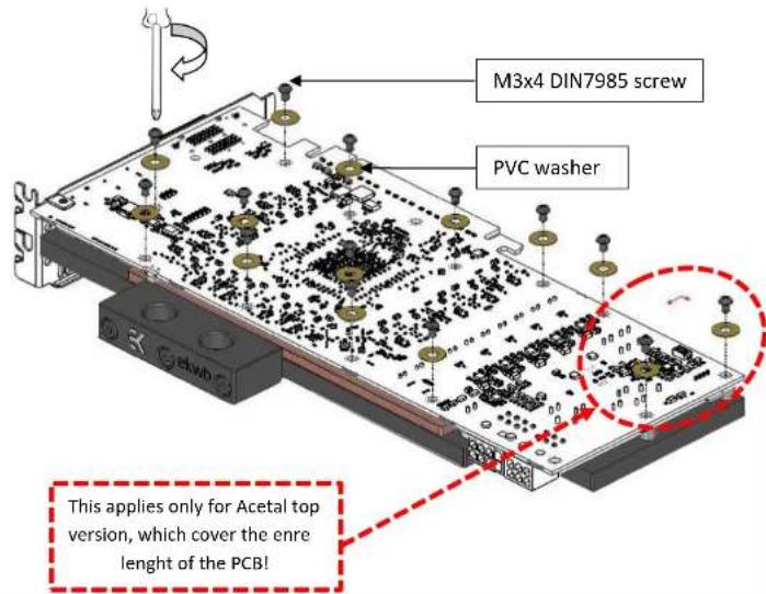 M3x4 DIN7985 screw PVC washer This applies only for Acetal top version, which cover the entire length of the PCB!