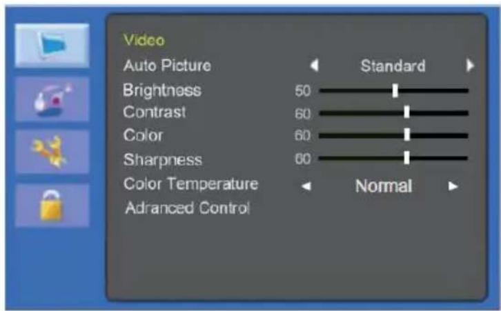 Video Auto Picture Brightness 50 Contrast 60 Color 60 Sharpness 60 Color Temperature Advanced Control Standard Normal