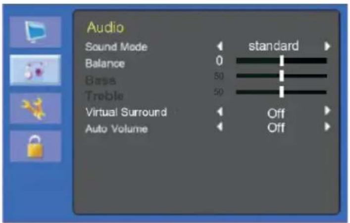 Audio Sound Mode 0 Balance 50 Base 50 Treble Virtual Surround Auto Volume standard Off Off