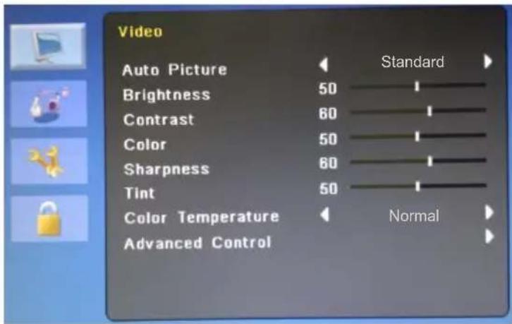 Video Auto Picture Brightness 50 Contrast 60 Color 50 Sharpness 60 Tint 50 Color Temperature Advanced Control Standard Normal